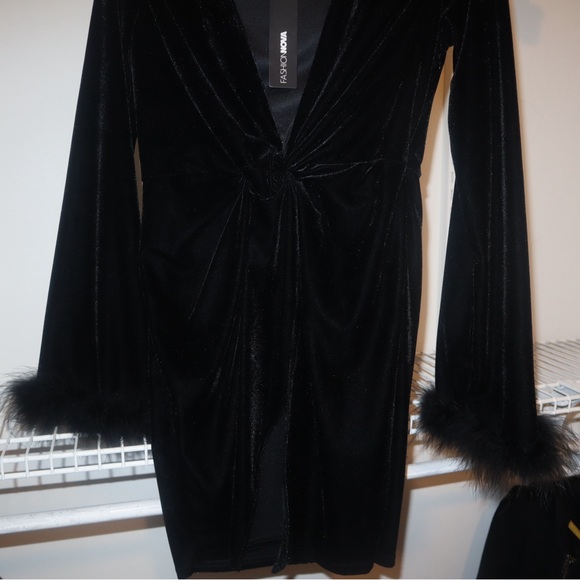 Fashion Nova Black Velvet Dress with Feather Cuffs - Picture 2 of 4